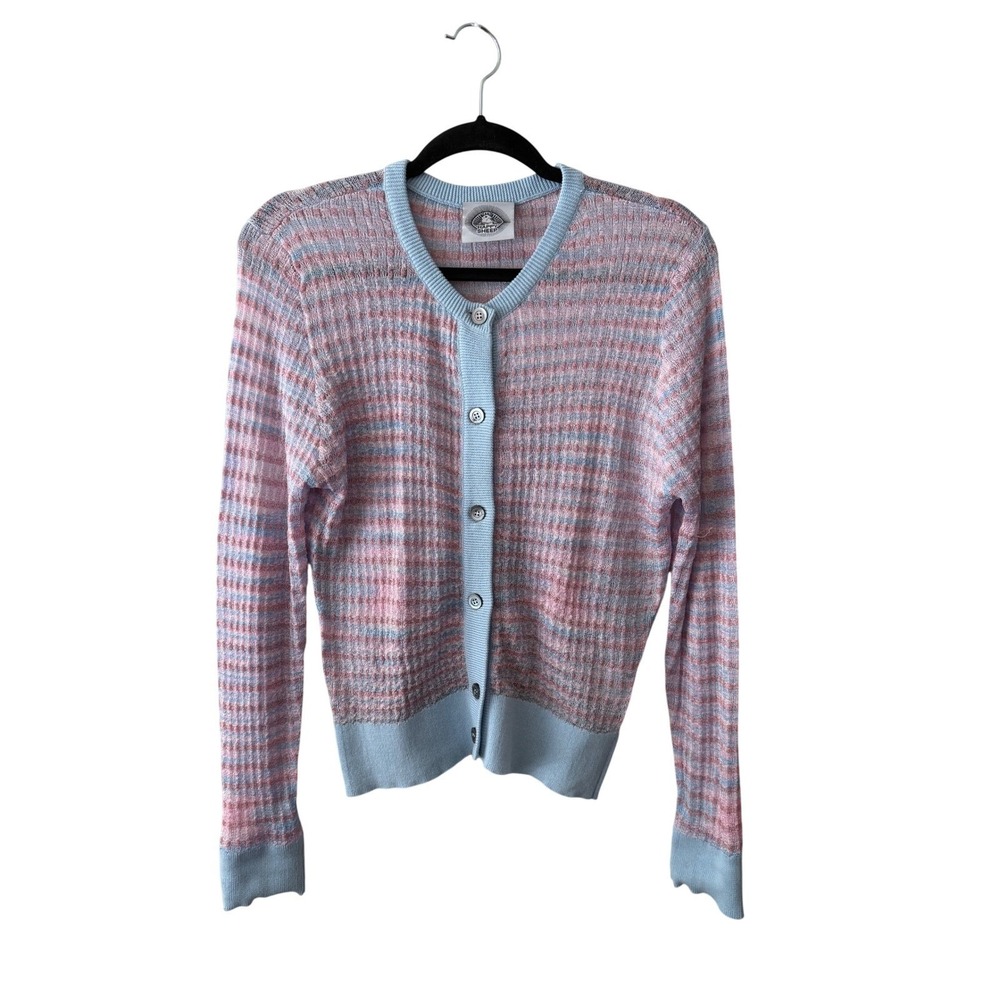 Happy Sheep Italy Pastel Pink Blue Striped Metallic Knit Button Front Cardigan